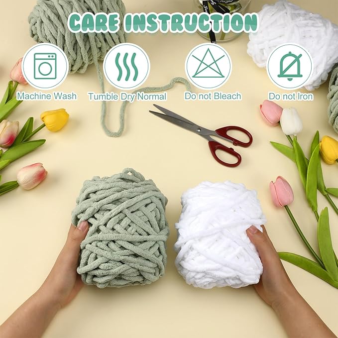 Buryeah 8 Pack Chunky Chenille Yarn for Crocheting Soft Thick Fluffy Yarn for Hand Knitting Bulky Velvet Blanket Plush for Weaving DIY Crafts Each 3.5 oz 55 Yards (White,Green)
