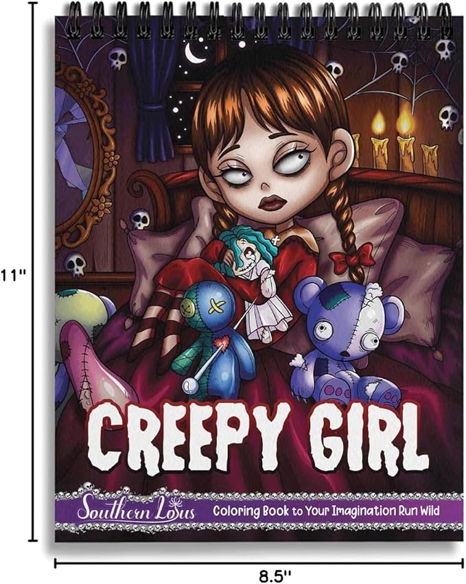 SOUTHERN LOTUS Creepy Girl Coloring Book Spiral Wirebound Hardcover, Horror Illustrations of Adorable Girls Spooky Papers Imagination Relaxation for Adults Women