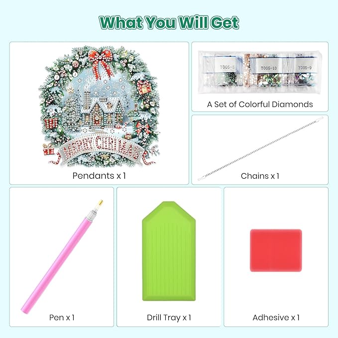 MOGTAA Christmas Diamond Art Hanging Kits for Adults Kids, Christmas Wreath Diamond Art Suncatchers, 5D Special Shape Winter Diamond Painting Window Pendant Kit for Home Garden Wall Decor