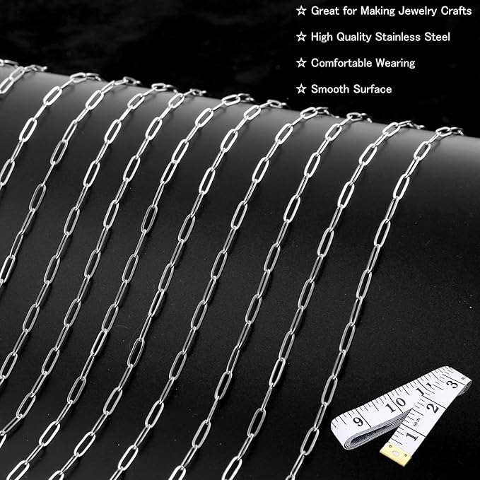 16 Ft Stainless Steel Paperclip Chain for Jewelry Making, 3.5mm Width Silver Paper Clip Link Chains Roll for DIY Necklace Bracelet Craft Jewelry Making Supplies with Lobster Clasps Soft Tape Measure