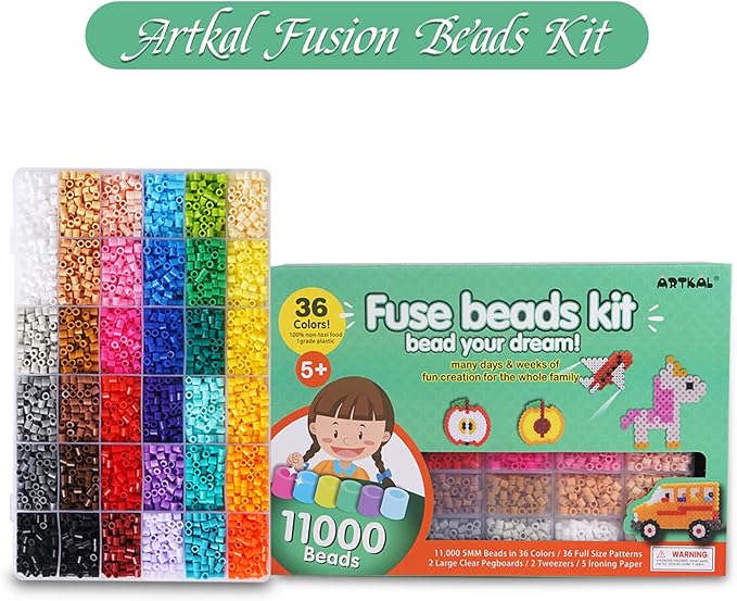 artkal fuse beads kit 36 colors 11,000pcs 5mm melty beads kit with 5 pegboards 2 tweezers 48 patterns 2 ironing paper
