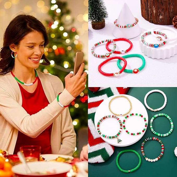 1456Pcs Christmas Bracelet Making Kit, Christmas Beads Charms for Jewelry Making Red Green Clay Beads Pearl Beads Star Round Crystal Bead Snowflake Santa Xmas Tree Pendants for Necklace Earrings Craft