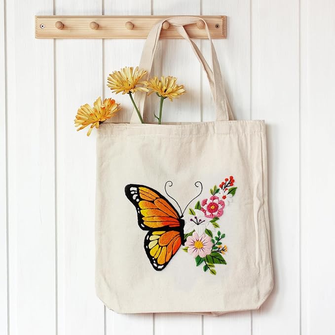 louise maelys embroidery kit canvas tote bag for beginners,cross stitch kits for adults,diy needlepoint with butterfly floral pattern,women shopping reusable grocery bags