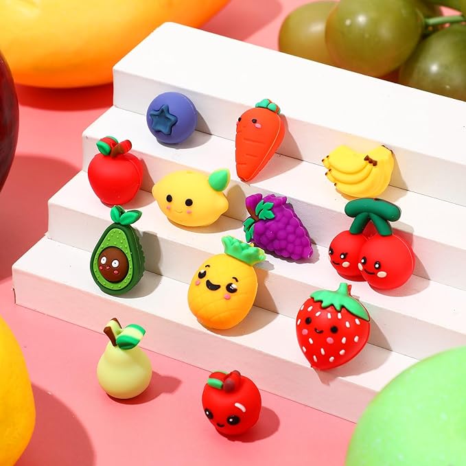 12 Pcs Fruit 3D Silicone Focal Beads for Pens Bracelet Fruit Character Beads Bulk Funny Apple Strawberry Lemon Cherry for Keychain DIY Crafts Necklace Lanyards Jewelry Making Kit Supplies