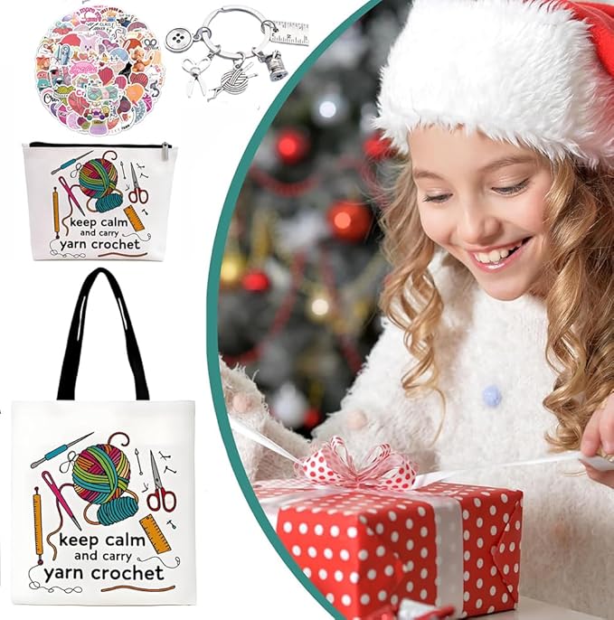 VINTAGE EMBROIDERY V.E. Crochet Gifts for Women - Knitting Lover Gifts Includes Canvas Tote Bag, Make up Pouch, 50pcs Stickers - Perfect Birthday/Christmas Gift for Crocheters