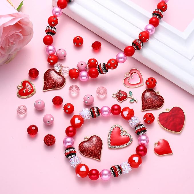 320 Pieces Valentine’s Day Beads Heart Charms for Necklace Bracelet Jewelry Making Red Crystal Pearl CCB Beads Rhinestone Glitter Heart Pendant Charms for DIY Crafts Decorations
