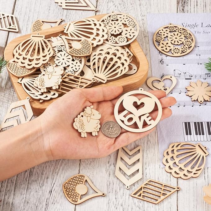 100pcs Natural Unfinished Hollow Wooden Pendants Filigree Blank Wood Cutouts Assorted Flower Leaf Wood Pieces for Earring Pendants Jewelry Crafts Making