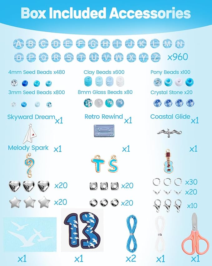Goldwise 1989 Era Inspired Friendship Bracelet Making Kit for Fans – 2 Boxes DIY Beads and Charms Set with Blue-Themed Seed, Glass, Crystal, and Pearl Beads for Gifts, Crafting, and Music Memories
