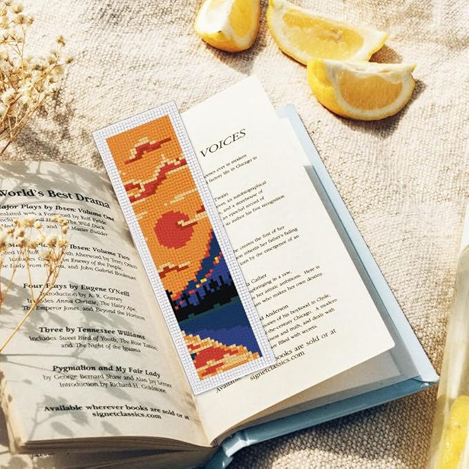 ORIGACH 6 Pcs Cross Stitch Bookmark Kit for Beginner Adults, Sunset Landscapes Stamped Embroidery Bookmark Kit with Instruction for Starters Printed Cross Stitch DIY Kits for Book Lovers