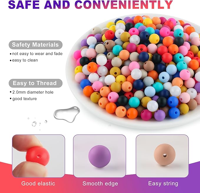 300Pcs 9mm Silicone Beads for Keychain Making and Bracelet Making,20 Colors Round Silicone Beads for Pens(Multicolor)