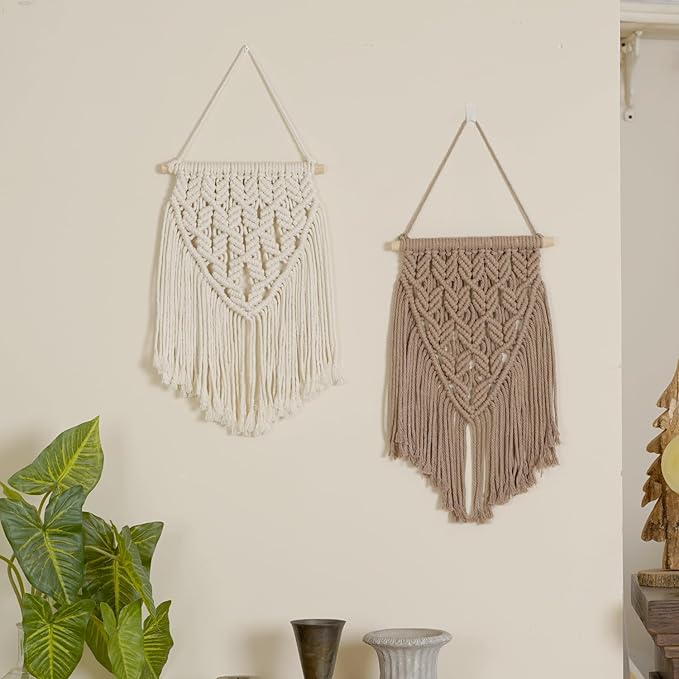 small macrame wall hanging decor boho tapestry for bedroom living room dorm nursery and office, cute aesthetic wall art for small spaces for teen girls and home decor (beige brown, 16*10 inch)