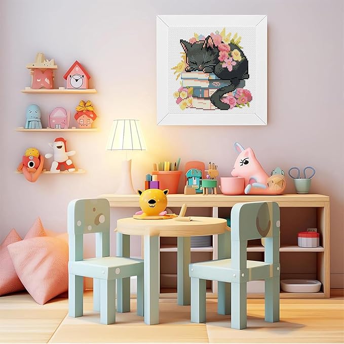 Black Cat Cross Stitch Kits For Beginner,Flowers Stamped Cross Stitch Kits Crafts For Adults with Wooden Framed,Embroidery Kit For Beginners,Partial 11CT Cross Stitch For Kids Home Decor 7.9x7.9inch