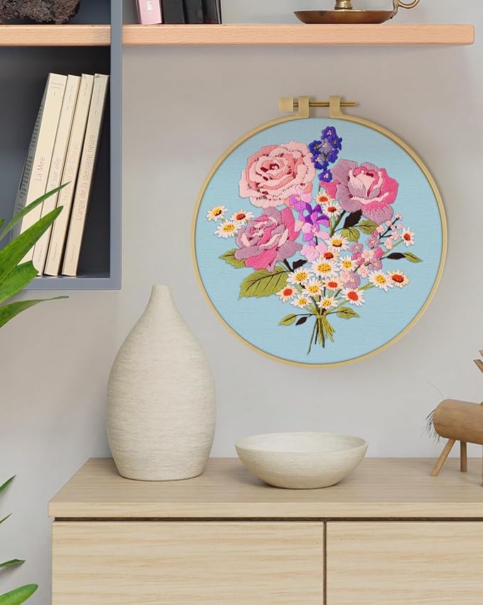ERKOON Embroidery Kit for Beginners, Flower Cross Stitch Set for Include Embroidery Cloth Hoops Threads for Craft Lover Hand Stitch with Embroidery Skill Techniques (Bouquet)