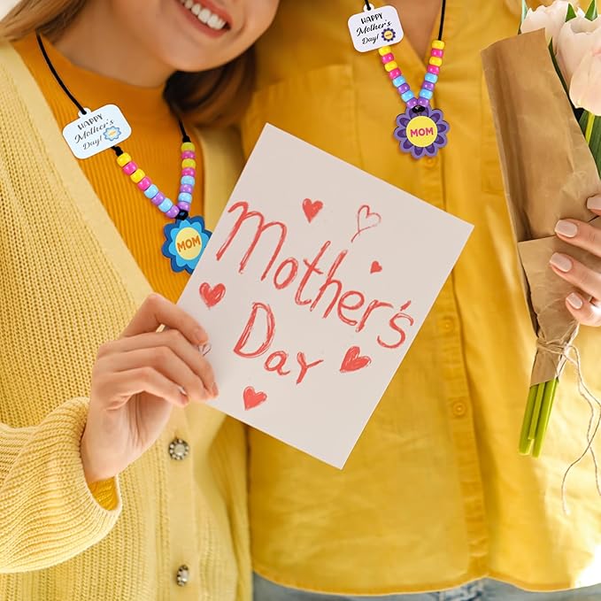 Ferreve 24 Sets Mother's Day Beads Necklace Crafts Kit Mother's Day Gifts DIY Mom Wooden Flowers Necklace Kits Bulk Make Your Own Mom Gifts for Family Classroom Making Party Favors