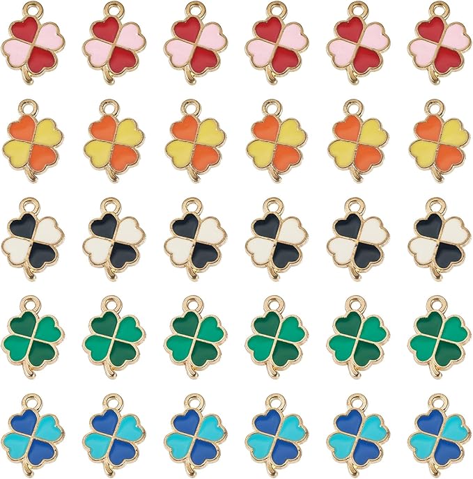 Cheriswelry 50Pcs Clover Charms Enamel Alloy Gold Plated Pendants Shamrock Four Leaf Lucky Pendants 18x12x1.3mm for St. Patrick's Day Decoration Necklace Bracelet Earring DIY Jewelry Making