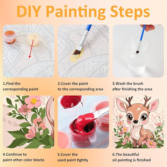 Paint by Numbers Kit for Kids with Frame, Deer Paint by Numbers for Kids Ages 4-8-12, DIY Deer Acrylic Oil Painting for Home Wall Art Decor Gift 7.8x7.8 inch (with Frame Easel)