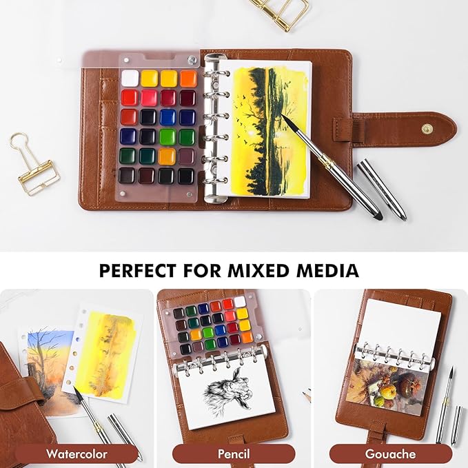 Fuumuui Portable Watercolor Sketchbook Set – Refillable 24-Color Travel Paints Kit & 100% Cotton Cold Press 20 Sheets Art Journal with Dual-Tip Travel Brush for Artists Outdoor Painting - Medium