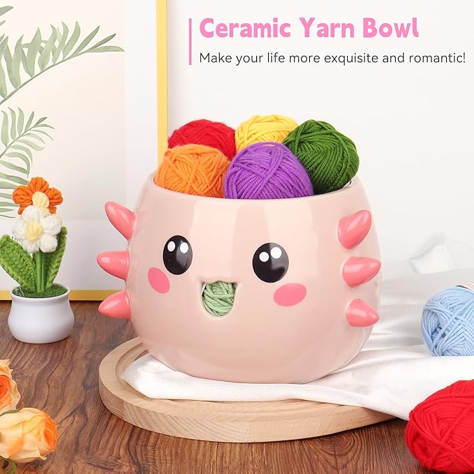 Coopay Axolotl Yarn Bowl for Crocheting/Knitting, Cute Bowl with 14 Pcs Yarn, Large Size Crochet Organizer for Beginners