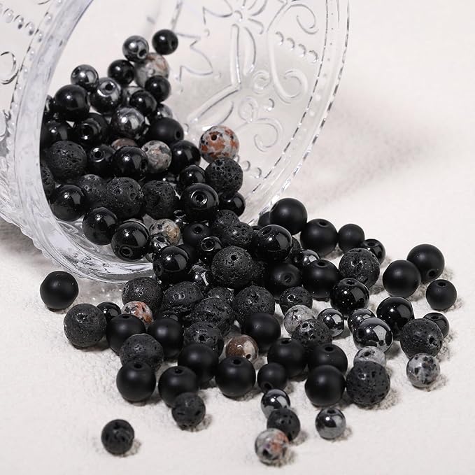 Songxi 300PCS Black Stone Beads Bracelet Making Kit, 8mm Round Loose Crystal Gemstone & Glass Beads for DIY Jewelry Making