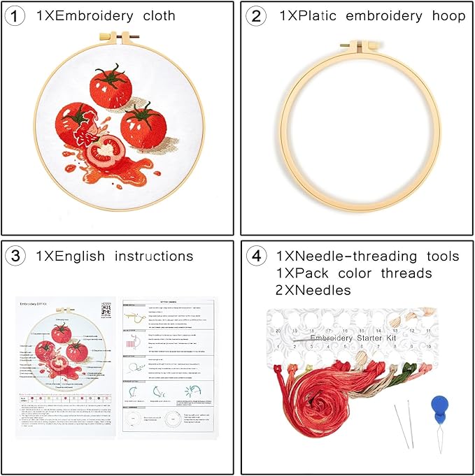 Tomato Embroidery Kits for Beginners Adults, Hand Embroidery Starter Kit, Cross Stitch Kits for Beginners DIY Craft Kits for Adults Women, Entire Set of Embroidery Supplies【Full-length Video Tutorial】