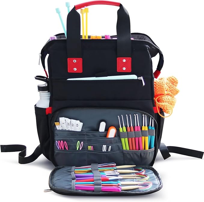 Hearth & Harbor Crochet Backpack, Crochet Bag Organizer, Canvas Knitting Bag, Yarn Organizer for Crochet Accessories and Supplies, Travel Yarn Bag with USB Charging Port, Yarn Storage Organizer