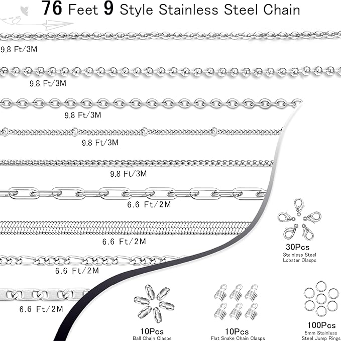 76 Feet Stainless Steel Chain for Jewelry Making, 9 Style Necklace Jewelry Chains for DIY Necklace Bracelets Craft Jewelry Making Supplies with Stainless Steel Jump Rings Lobster Clasp Connectors
