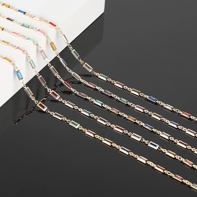 KYUNHOO 13 Feet Mix Colored Rectangular Rhinestone Chain Spool Paperclip Chain Links Gold Plated Chains for Jewelry Making Brass Chain Bulk with Jump Rings and Lobster Clasps