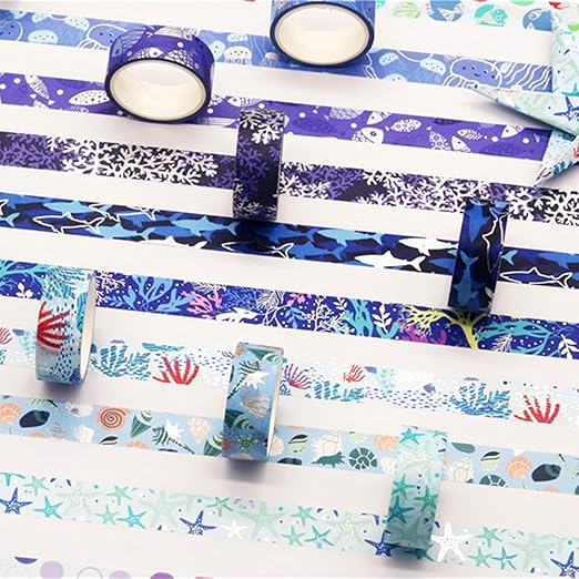 Blue Ocean Washi Tape Set 10 Rolls Bronzing Sea Decorative Masking Tapes for Scrapbooking, Journal, Planner, DIY Crafts, Gift Wrapping