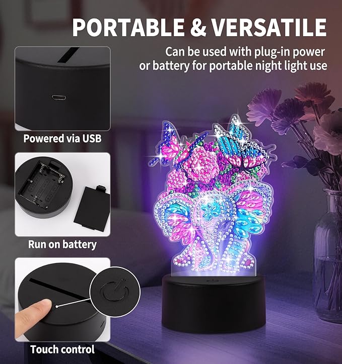 ALKALO Diamond Painting Night Light, Diamond Painting Kits For Adults Desktop Ornaments For Table Tabletop Decor Diamond Art Accessories For Adult Beginner Touch Lamp for Bedrooms Living Room-Elephant