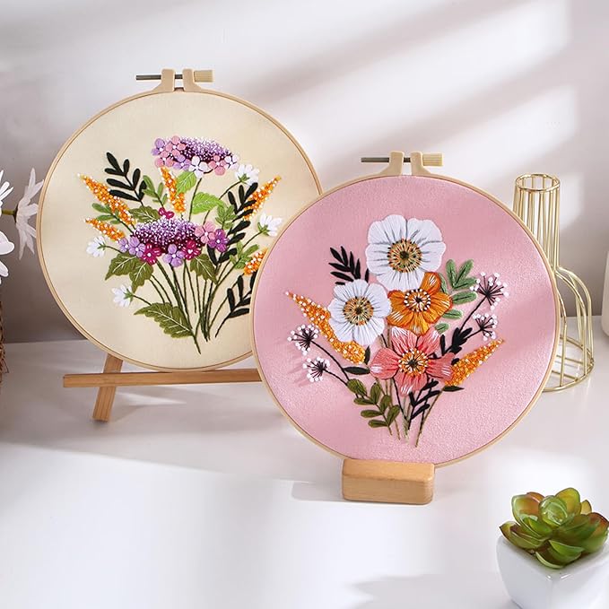 Picoey Flower Embroidery Kit for Beginners with Flower Pattern and Instructions,4 Pack Cross Stitch Kits,2 Wooden Embroidery Hoops,Threads and Needles,Needlepoint Kit for Adults