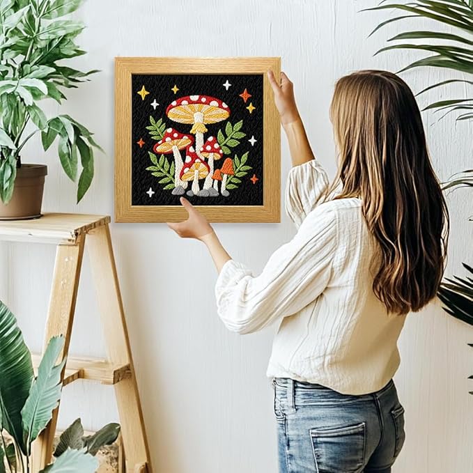 INFUNLY 2PCS Mushroom Punch Needle Kit for Beginners Art Night Mushroom DIY Punch Needle Embroidery Starter Kit Handcraft Needlepoint Set with Plant Pattern Instruction for Festival Gift Home Decor