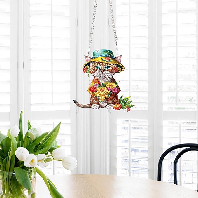 AiYuanzsh 5D Animal Cat Diamond Painting Kits Hanging Pendants Wall Art Point Drill Crystal Diamond Art Window Pendants Home Garden Wall Door Birthday Easter Day Festival Gifts