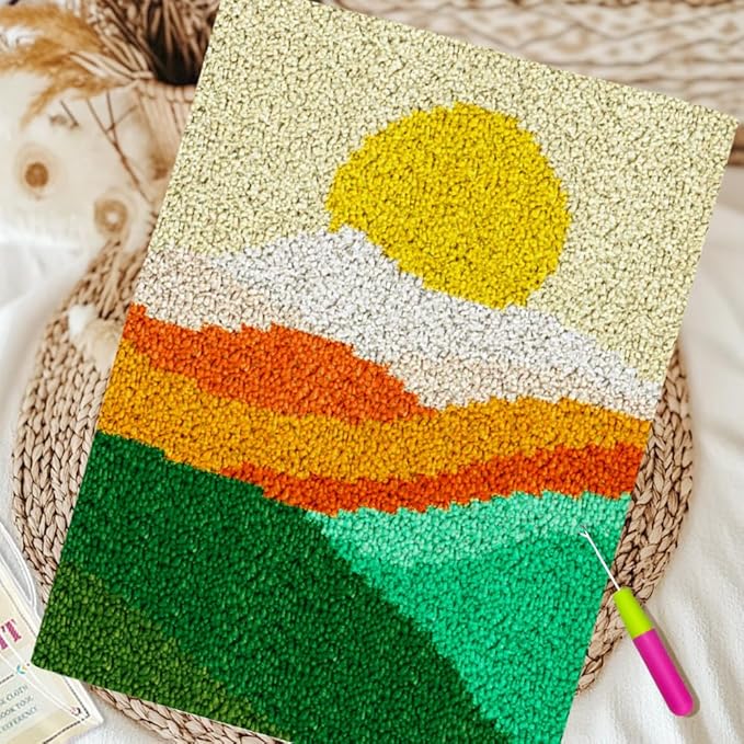 ORIGACH Landscape of Sunset Mountain Latch Hook Rug Kits, Color Stamped Grid Cloth Handmade Rug, Pattern Printed Carpet Kit, DIY Crochet Rug for Adults Home Decoration Festival Gifts 52 x 38 cm