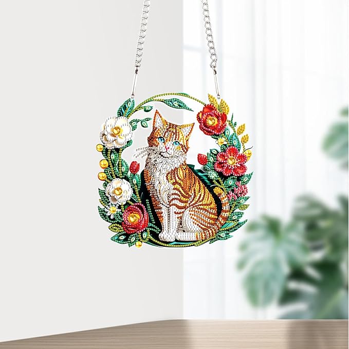Flower Birdcage Design DIY Diamond Art Painting Wreath Kits Special Shaped Rhinestone Diamond Art Window Pendants Home Garden Wall Hanging Kits (Single Side Point Drill) (#11-Cat) (#11-Cat)