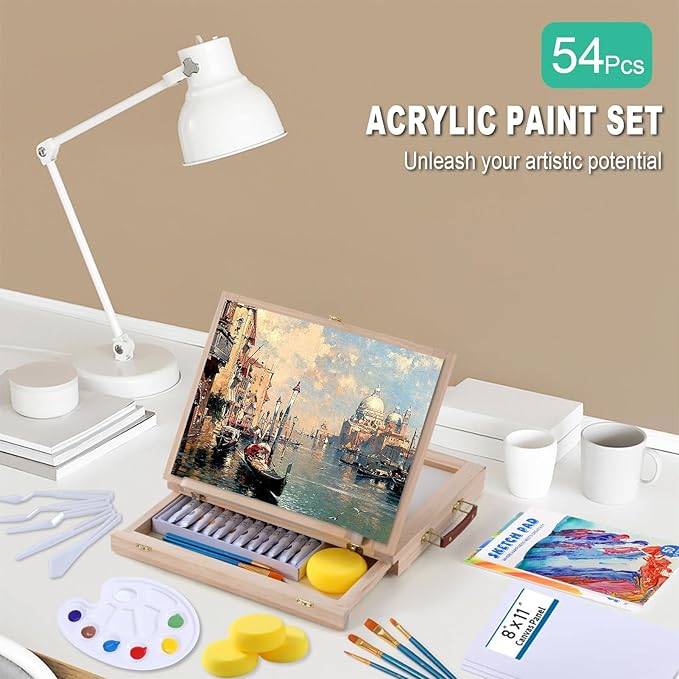 54 Pieces Acrylic Paint Set with Tabletop Easel Stand, Complete Starter Painting Art Supplies with Acrylic Paints, Canvases, Sketch Pads, Brushes and Palette for Beginners Young Artists and Adults