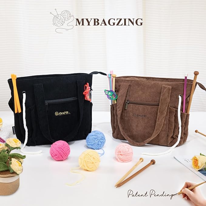 Crochet Bag and Tote - Corduroy Yarn Bag - Yarn Holder for Crocheting - Crochet Storage Bag for Crochet Hooks, Crochet Accessories, Knitting Bag for Crochet Lovers, Mom Gift