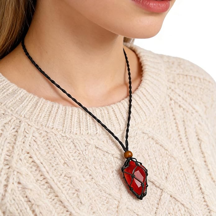 6 Pieces D20 Adjustable Necklace Cord Empty Stone Holder, Hand-Braided Crystal Holder for DIY Jewelry Making, Fits Natural Stones Quartz Beads Pendants, Wax Rope with Adjustable Knot