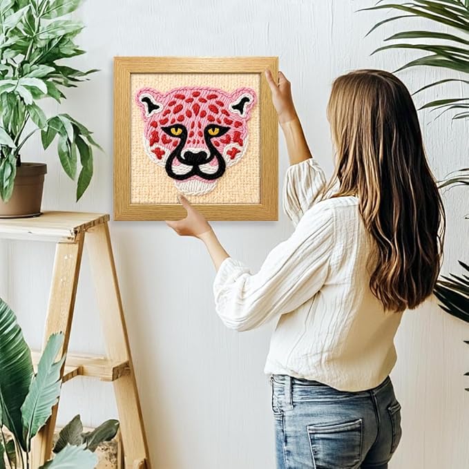 INFUNLY Punch Needle Frame Kits Pink Leopard Punch Needle Embroidery Set with Patterns 9.4x9.4 DIY Punch Needlework Kit for Beginners with Yarn Fabric Festival Gift Home Decor