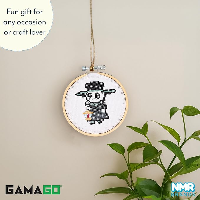 GAMAGO Plague Doctor Cross Stitch Embroidery Kit – DIY Needlework Craft Set with Hoop, Fabric, Floss & Instructions, Cute Beginner Embroidery Kit for Kids, Teens, & Adults