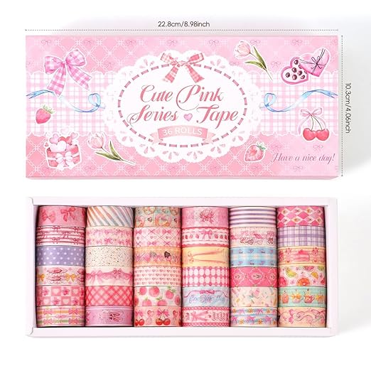 36 Rolls Sweet Pink Theme Washi Tape Set with Different Colorful Patterns, Writable Decorative Tapes for Scrapbooking, Junk Journal Supplies, Bullet Journaling, 0.39'' x 79'' per Roll