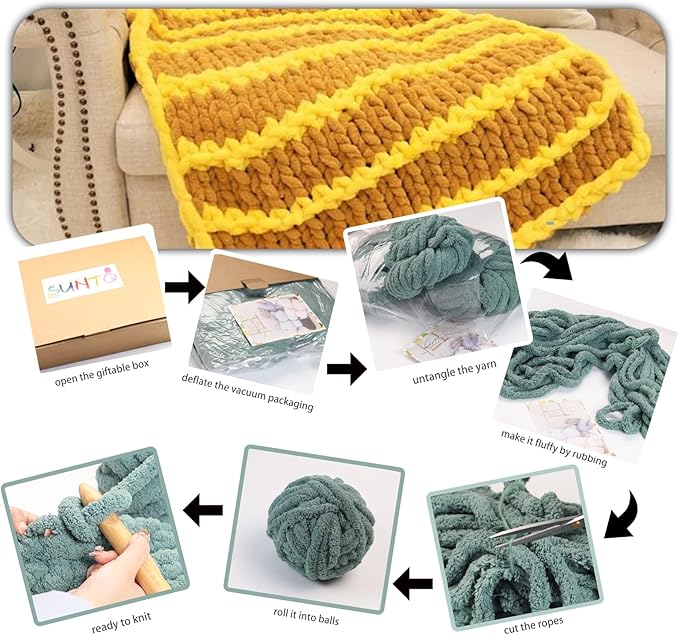 SUNTQ 8 Pack Jumbo Chunky Chenille Yarn for Crocheting, Bulky Thick Fluffy Yarn for Hand Knitting Blanket, Soft Plush Knitting Yarn for Scarf,Home Decor, Yellow(32 yds,8.8 oz Each Skein)