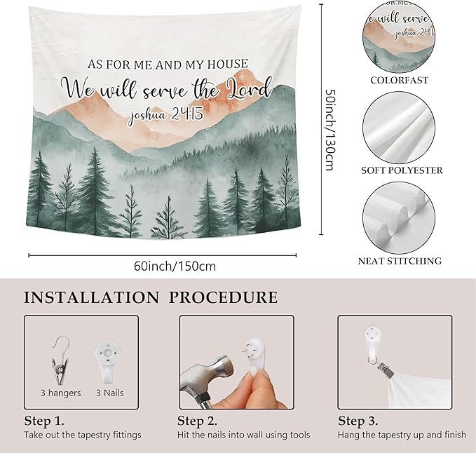 MNASAIOO Christian Mountian Wall Tapestry Hanging for Bedroom, Bible Verse Scripture We Will Serve The Lord Tapestries, Watercolor Religious Wall Decor Banner for Living Prayer Room Church 50x60in