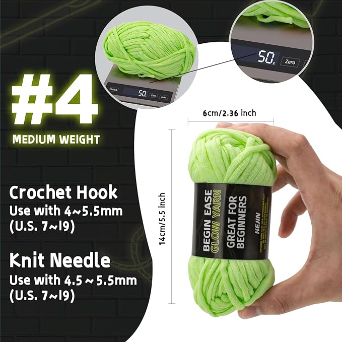 5x50g Glow in The Dark Yarn Set for Crocheting and Knitting; 5x51m (60yds) Yarn for Beginners with Easy-to-See Stitches; Worsted-Weight Medium #4; Beginners Crochet Kit