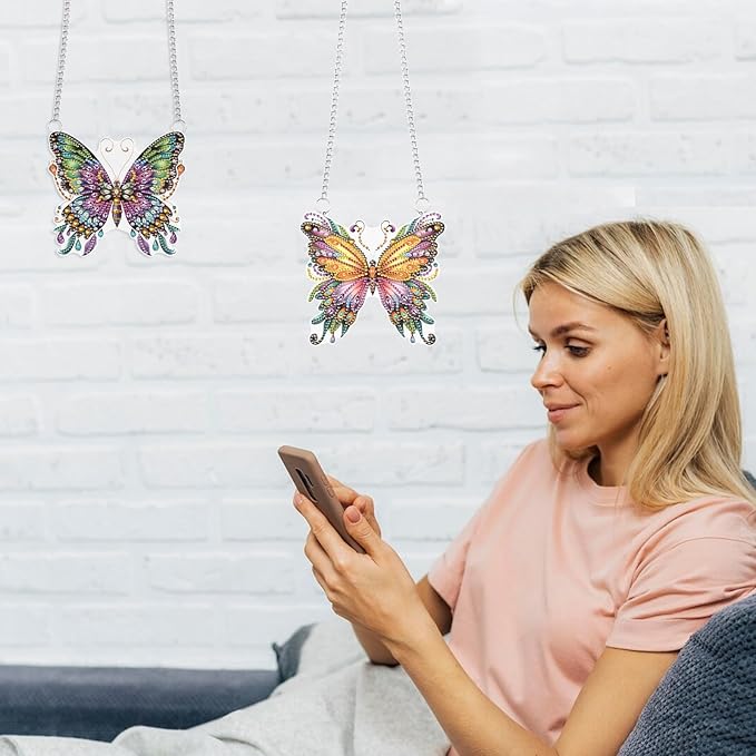 JISHSHAY 2 PCS Diamond Painting Pendant DIY Butterfly Crystal Wind Chimes Suncatcher Art Ornaments Hanging for Garden Wall Decor