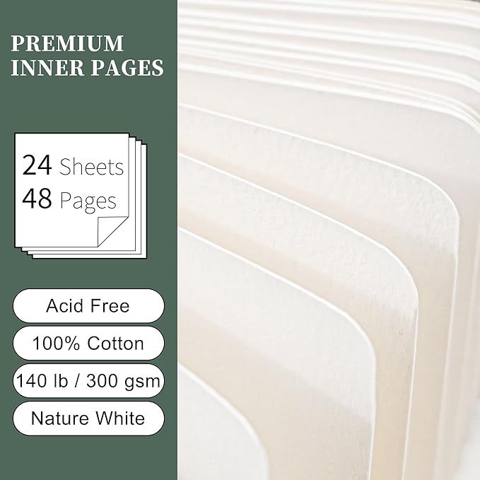 Vienrose Watercolor Sketchbook, 8.25"x5.5" Watercolor Journal with 24 Sheets 48 Pages 140 LB (300 GSM) Cotton Watercolor Paper, Green Leather Cover Water Coloring Sketch Book As Travel Notebook