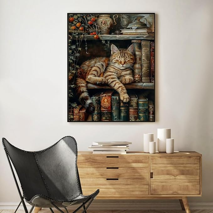 Okarina Paint by Numbers Kit for Adults Beginner Cat, Bookshelf Adult Paint by Number Kits on Canvas, Book DIY Acrylic Oil Painting by Numbers for Adults, Perfect for Home Wall Decor 16X20 Inch