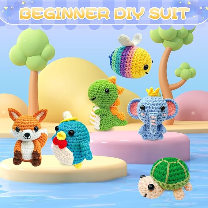 OLHKYN 6Pcs Crochet Kit for Beginners, 2026 DIY Craft for Adults, Great Gift for Crochet Lovers, Crocheting Animal Kits with Step by Step Videos,Yarn,Crochet Hook,Birthday Holiday Gift