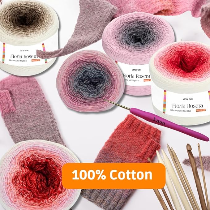 Floria Rosera Ombre 100% Cotton 250g (8.80oz) 1094 Yards Fine 1 Vibrant Multicolor Rainbow for Crochet Knitting Amigurumi Crafts Ideal for Spring Summer Projects Thick Soft