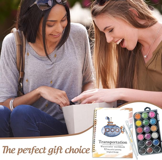 Watercolor Workbook, Water Coloring Book, 12 Different Patterns of Original DIY Designs, 18 Colors Watercolor Paint Set, Beginner-Friendly Watercolor Workbooks(Transportation), Perfect Gifts for Adult