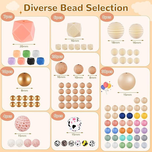 tohongadon 169 pcs silicone beads for keychain making kit, 15mm rubber round beads, hexagon lentil round beads, silicone beads kit with encourage round wood chips for keychains bracelet making